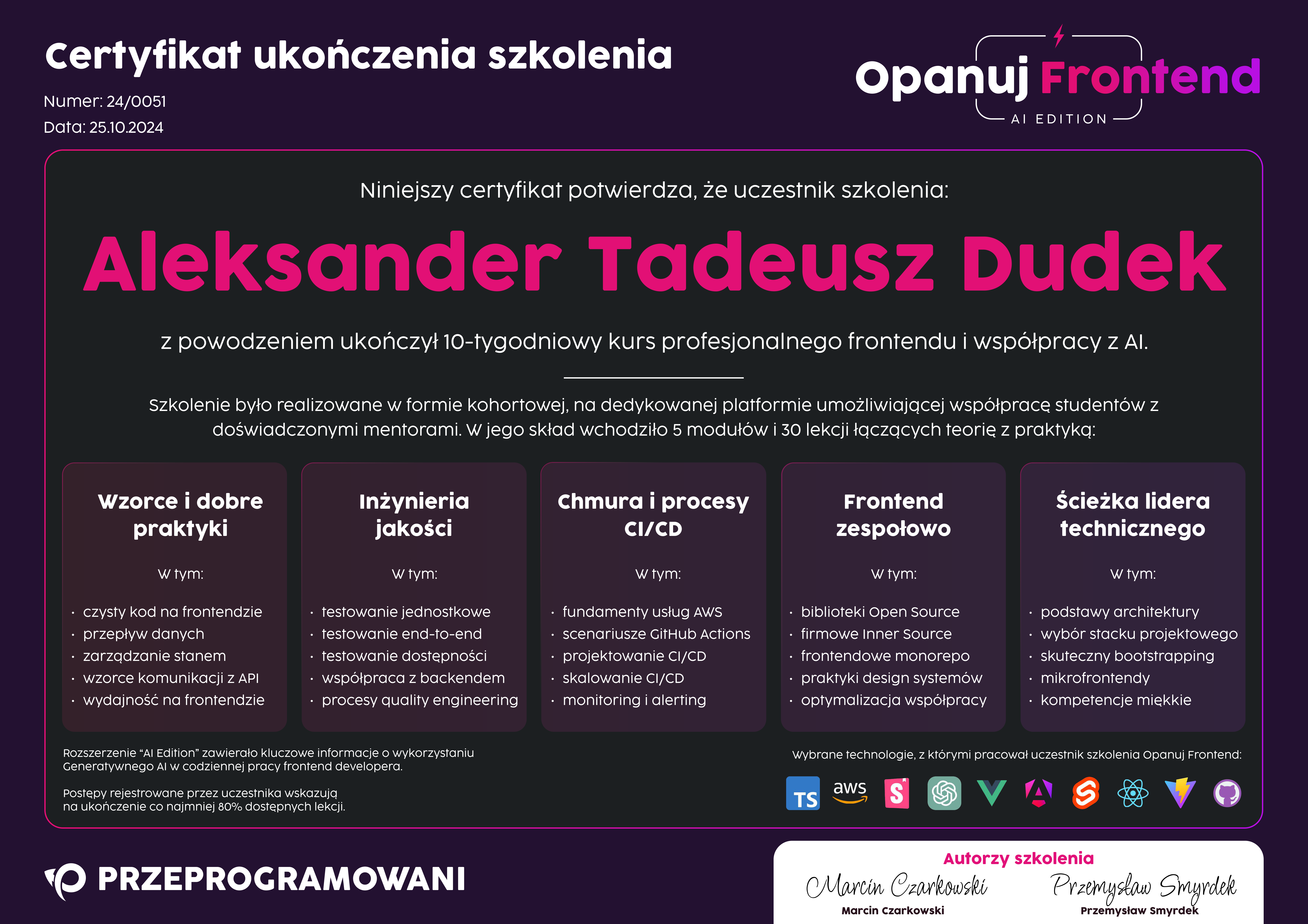 Opanuj Frontend AI Edition certificate scan